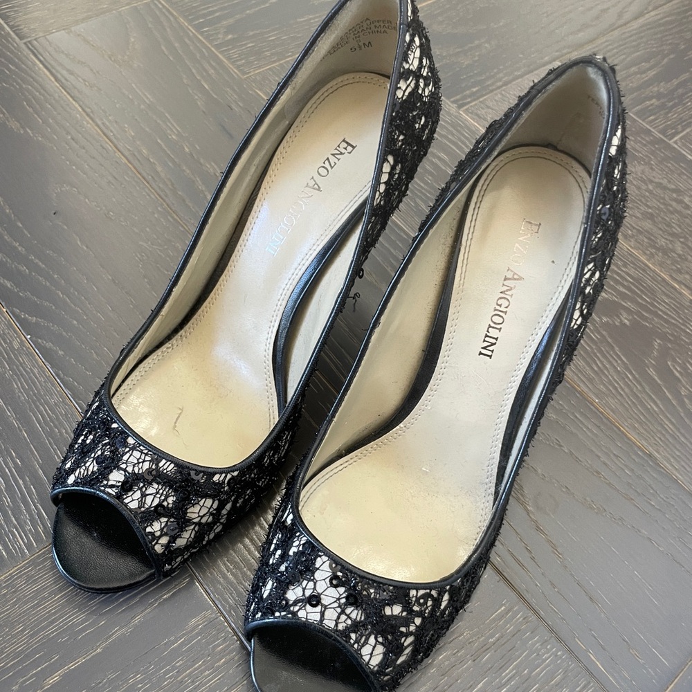 Enzo Angiolini Black Lace Peep Toe Pumps